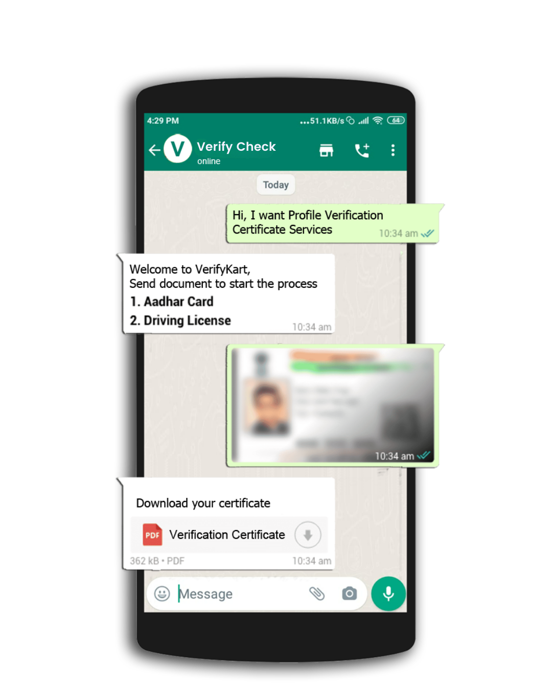 Verification chat flow on WhatsApp showing document share and certificate download